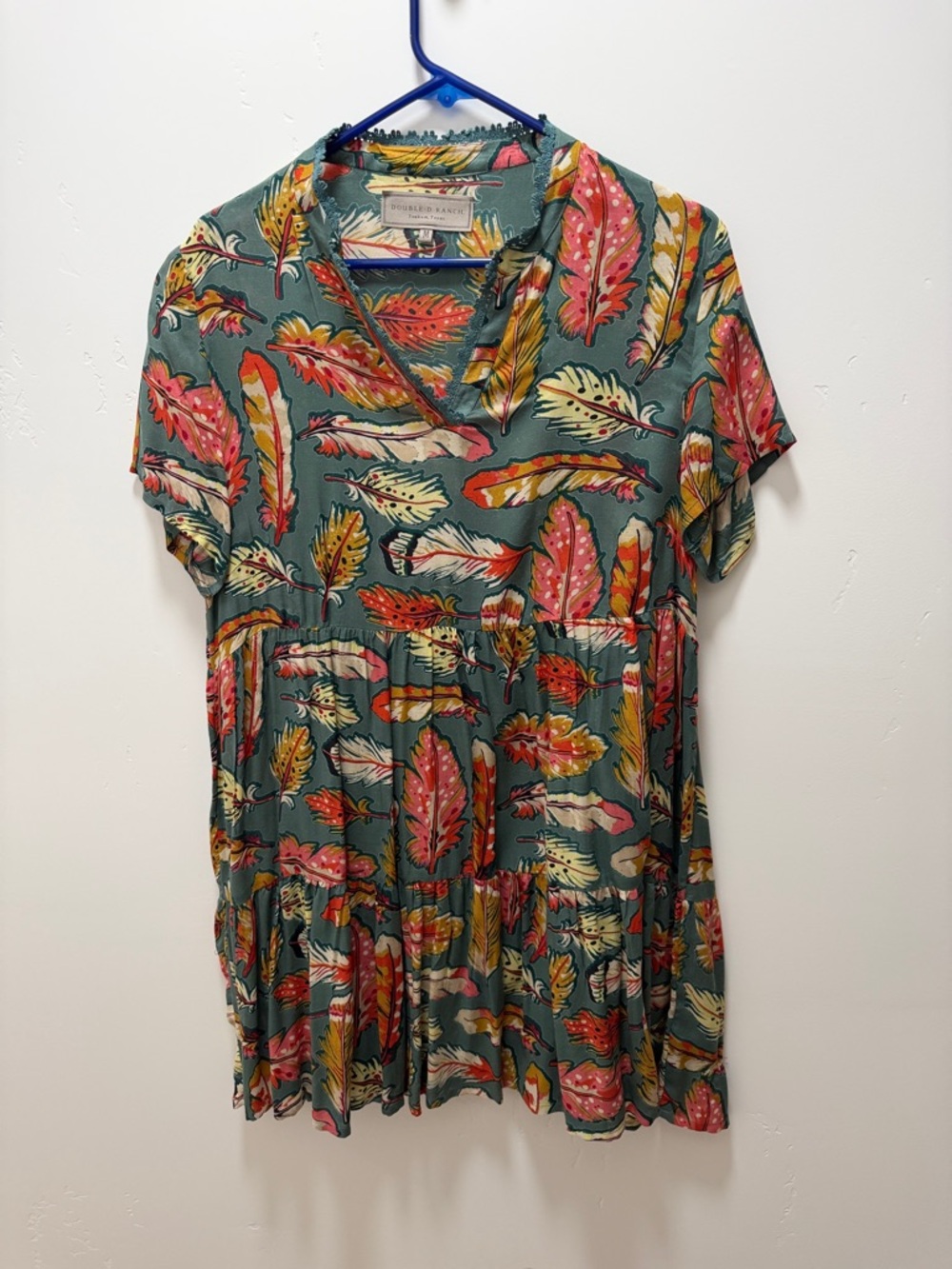 Double D Ranch Teal Multi Feather Print V-Neck Tunic